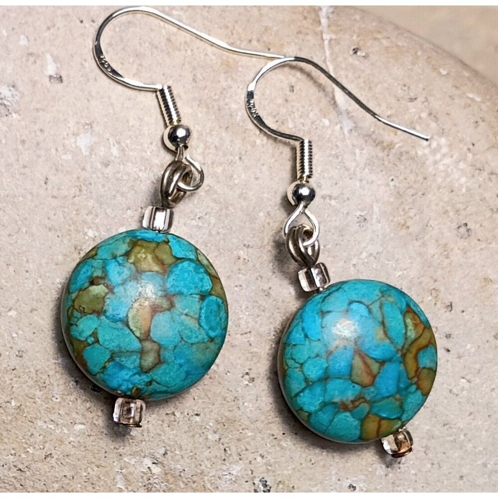 Vintage Sterling Silver Blue Turquoise Button Dangle Earrings